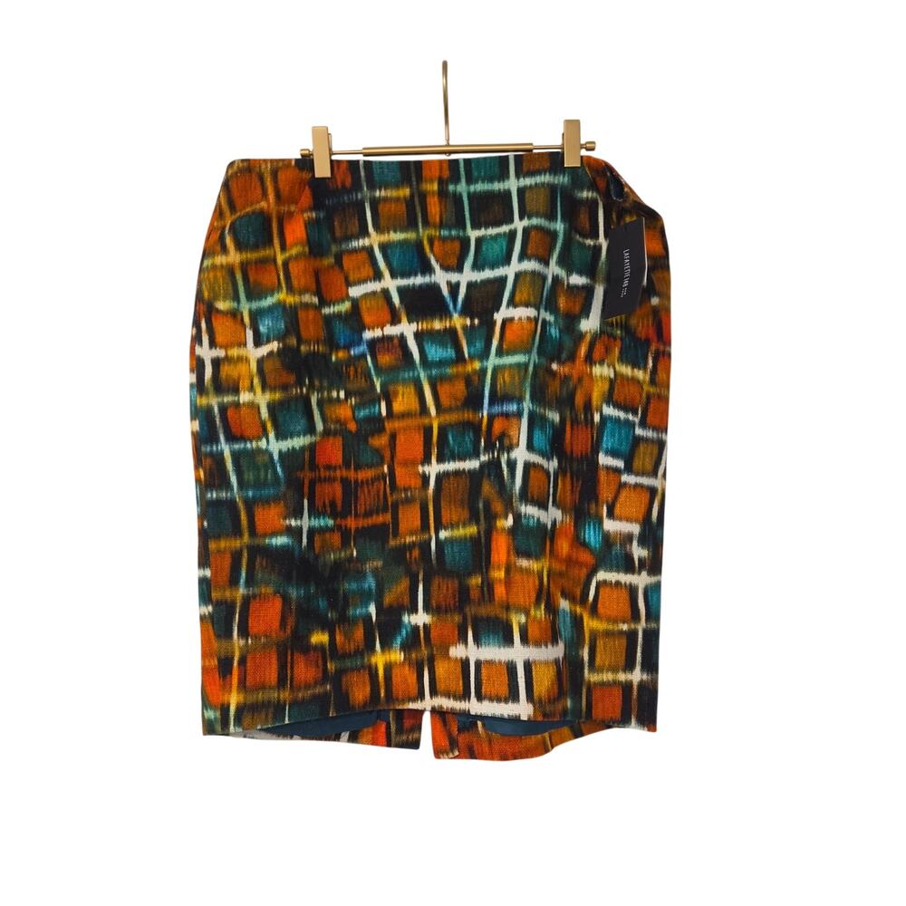 Lafayette 148 abstract windowpane orange cotton pencil skirt size 14